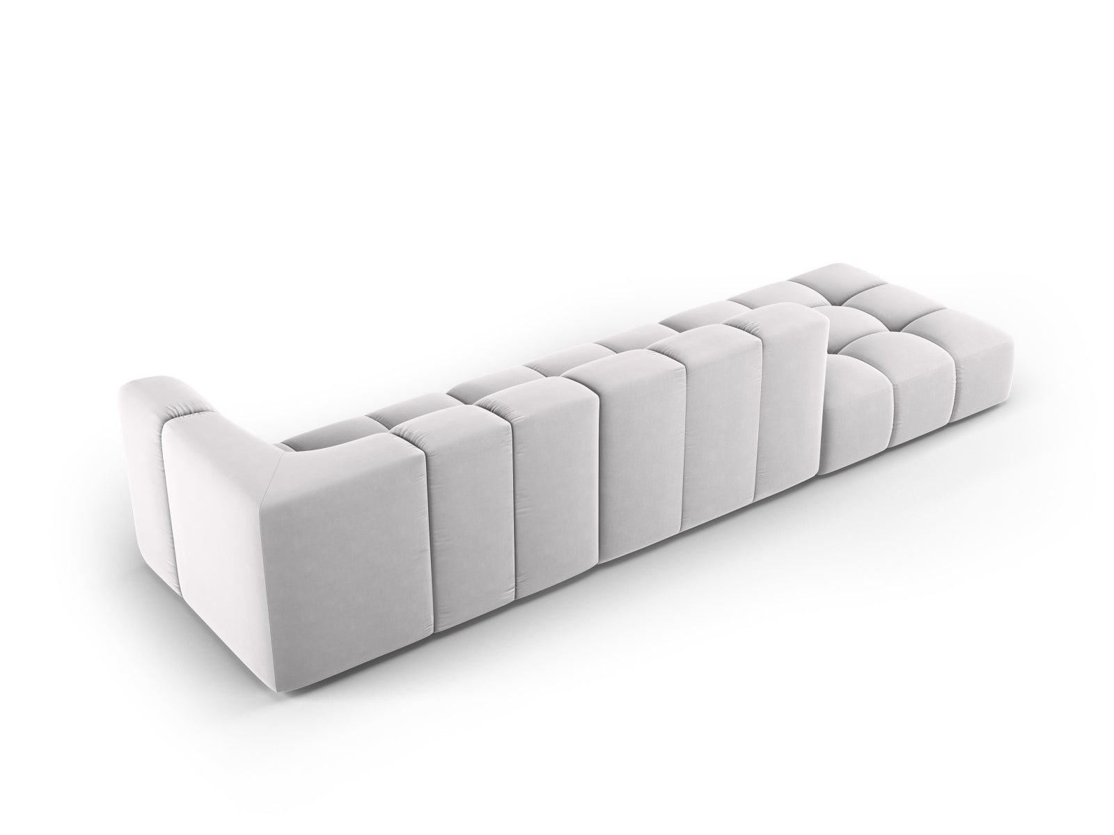 Modulares 4-Sitzer Sofa Moritz in Silver-Bluvel, perfekt für zeitgemäße Interiors, vereint Komfort und modernes Design.
