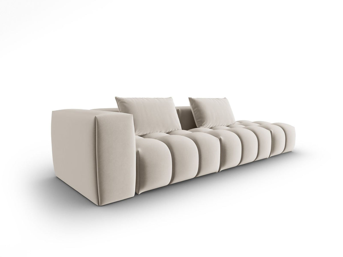 Modulares 4er Sofa Verona in Sand-Casino Samtstoff mit schwarzen Kunststoffbeinen, rechte Ausführung, Massivholzrahmen und Polsterung.