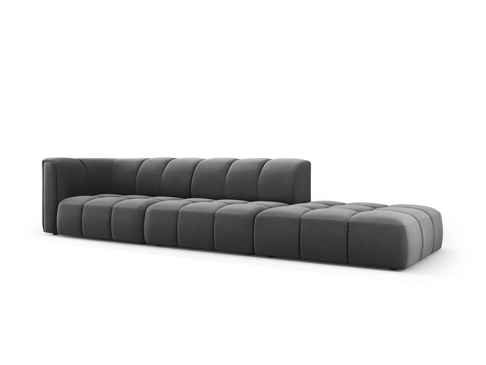 Elegantes 4-Sitzer Sofa Moritz in Grau-Bluvel, ideal für moderne Wohnräume, präsentiert sich in stilvollem Design und hoher Funktionalität.