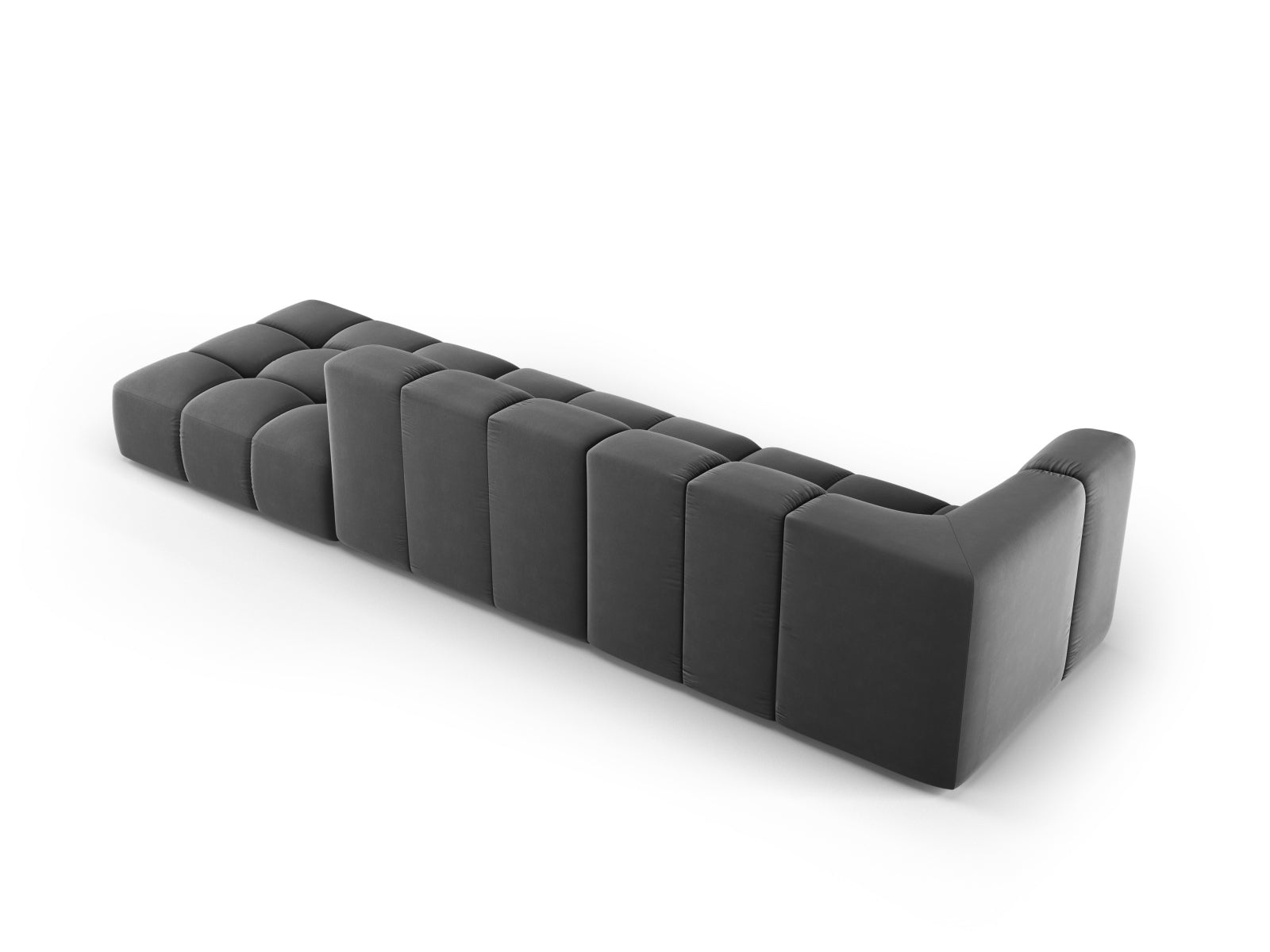 Modulares 4-Sitzer Sofa Moritz in Grau-Bluvel, perfekt für zeitgemäße Wohnkonzepte, vereint Komfort und modernes Design.