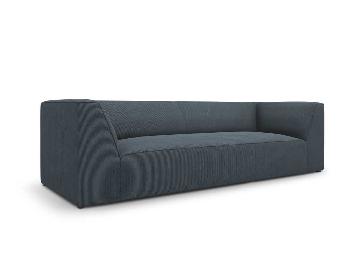 Gelbes 3-Sitzer Sofa Siena mit Massivholzrahmen, Ottawa-Stoffbezug und schwarzen Kunststoffbeinen aus Polypropylen, Frontalansicht.