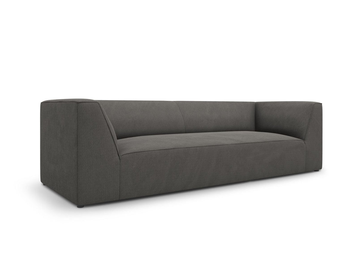 Gelbes 3-Sitzer Sofa Siena mit Massivholzrahmen, Ottawa-Stoffbezug und schwarzen Kunststoffbeinen aus Polypropylen, Frontalansicht.