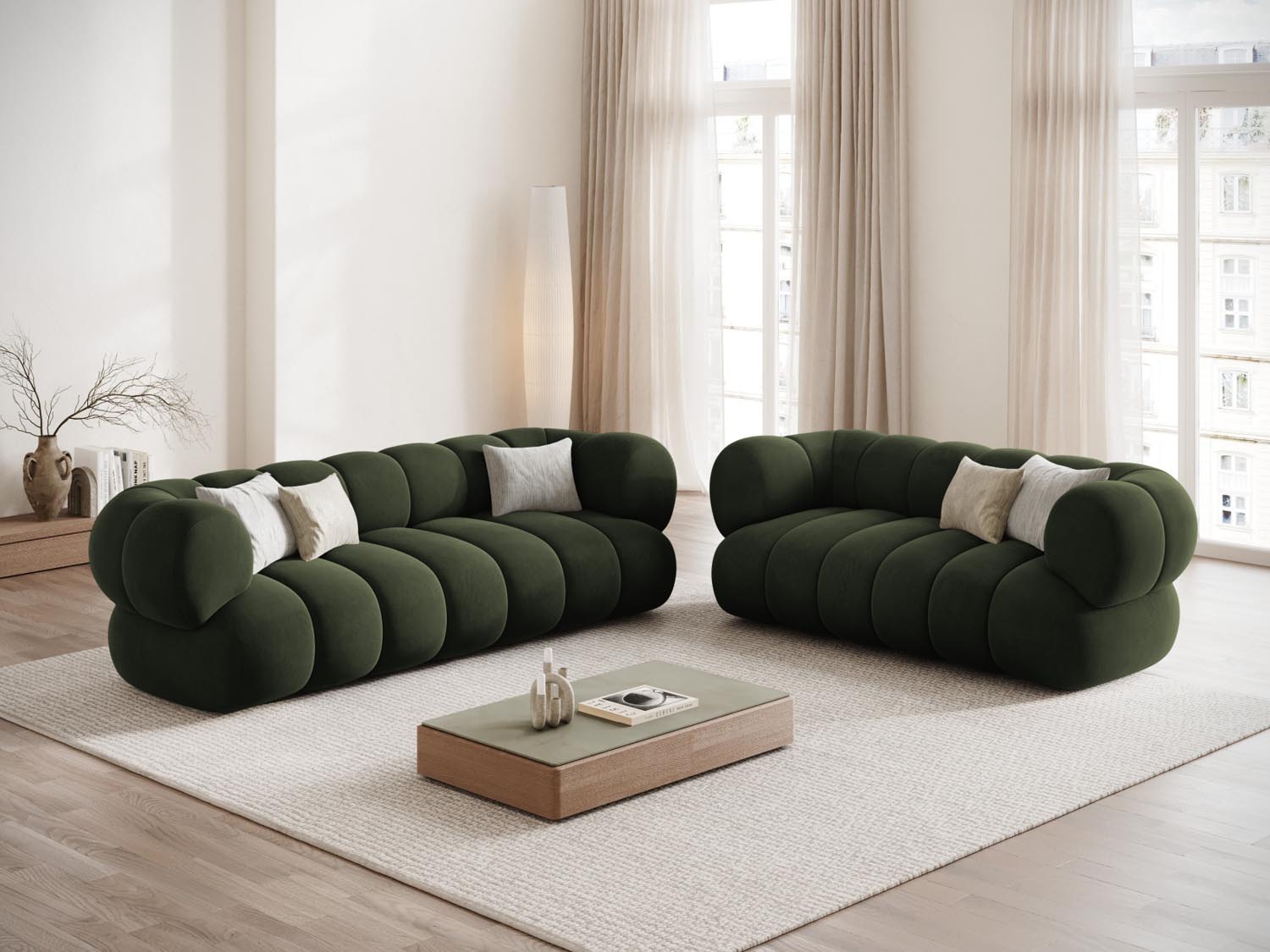 Elegantes Koge Velour Sofa in Grün, 3-Sitzer mit 95 cm Breite, stilvoll und modern, ideal für jedes Wohnzimmer.