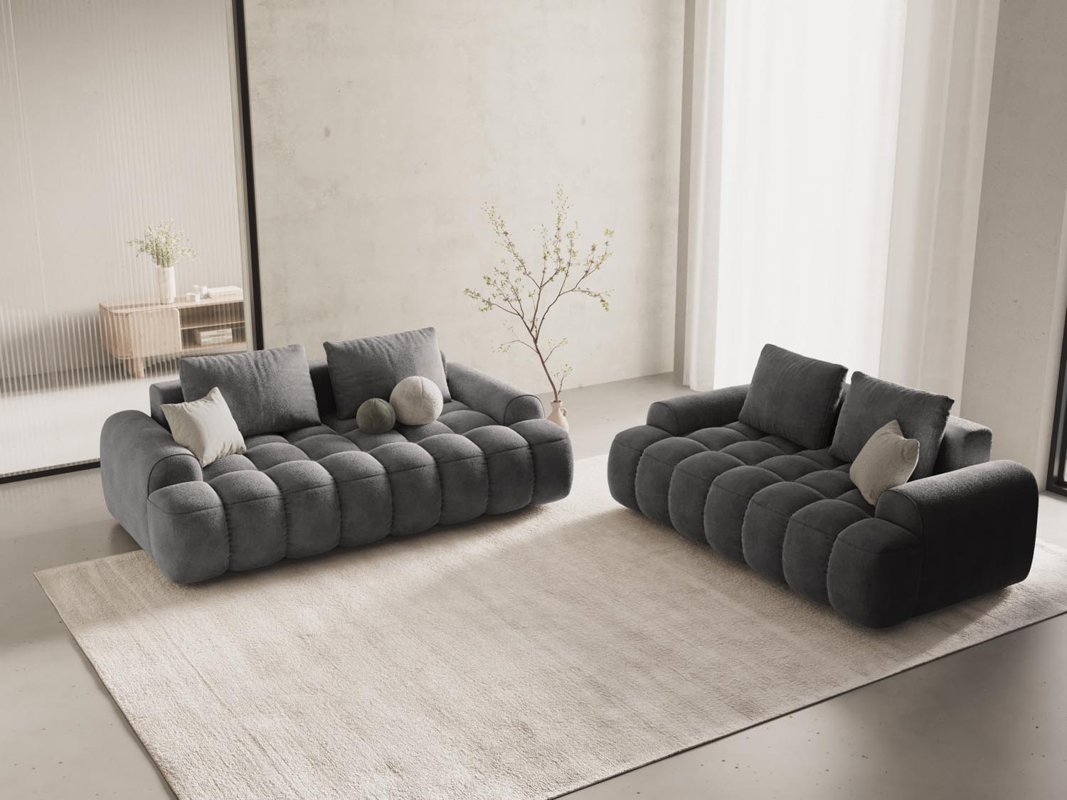 Elegantes Linz Velour Sofa in Grau, 3-Sitzer mit modernem Design, ideal für stilvolle Wohnräume und gemütliche Abende.