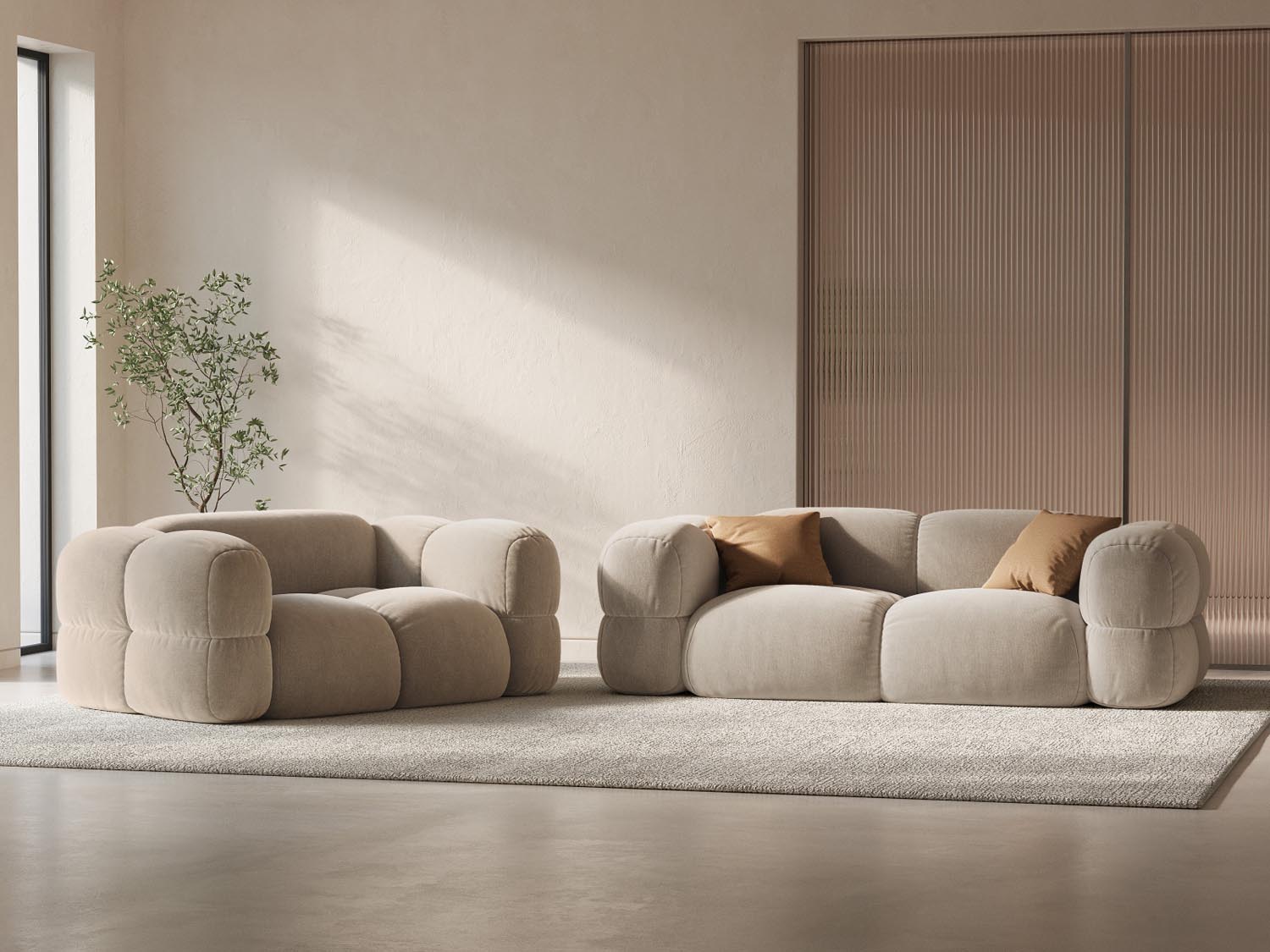 Elegantes Loretto Velour Sofa in Light Beige-Vogue, ideal für stilvolle Wohnräume. Komfortables 3-Sitzer Design von Cosmopolitan Design.