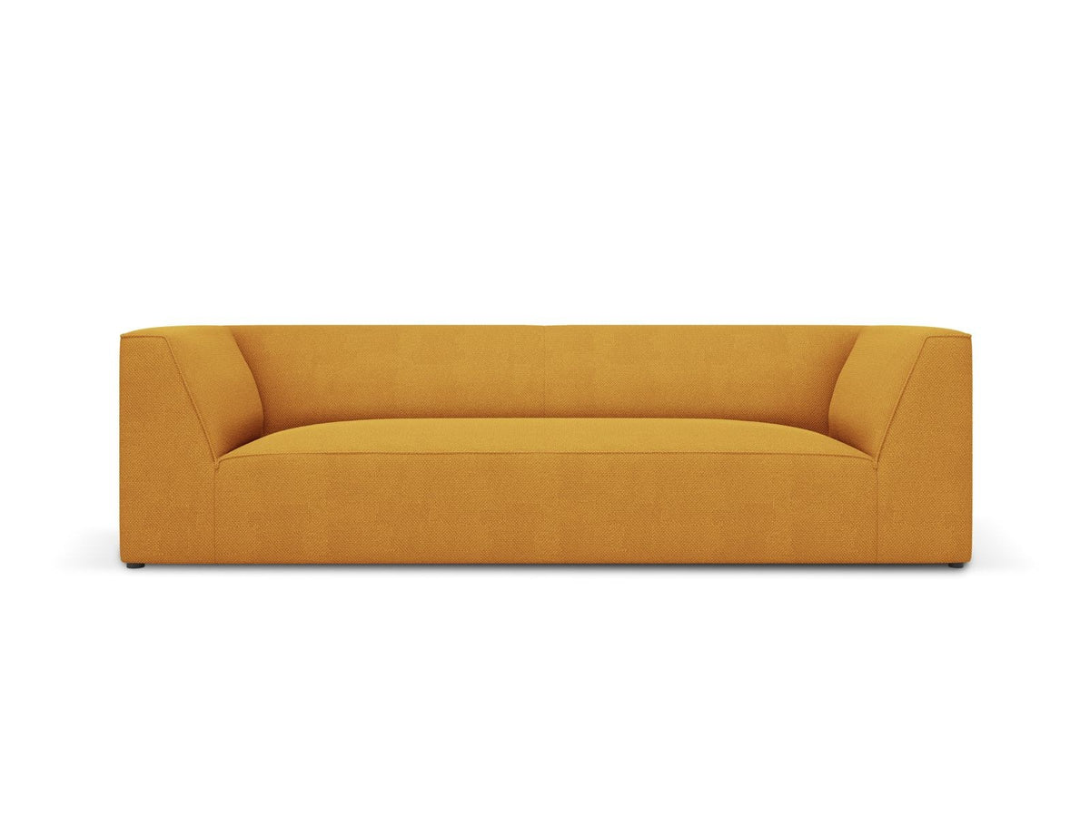 Gelbes 3-Sitzer Sofa Siena mit Massivholzrahmen, Ottawa-Stoffbezug und schwarzen Kunststoffbeinen aus Polypropylen, Frontalansicht.