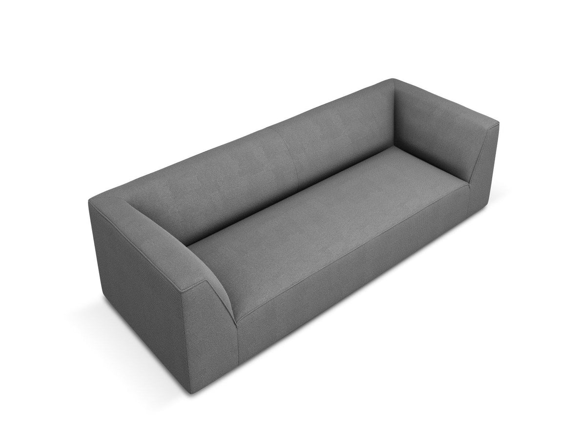 Gelbes 3-Sitzer Sofa Siena mit Massivholzrahmen, Ottawa-Stoffbezug und schwarzen Kunststoffbeinen aus Polypropylen, Frontalansicht.