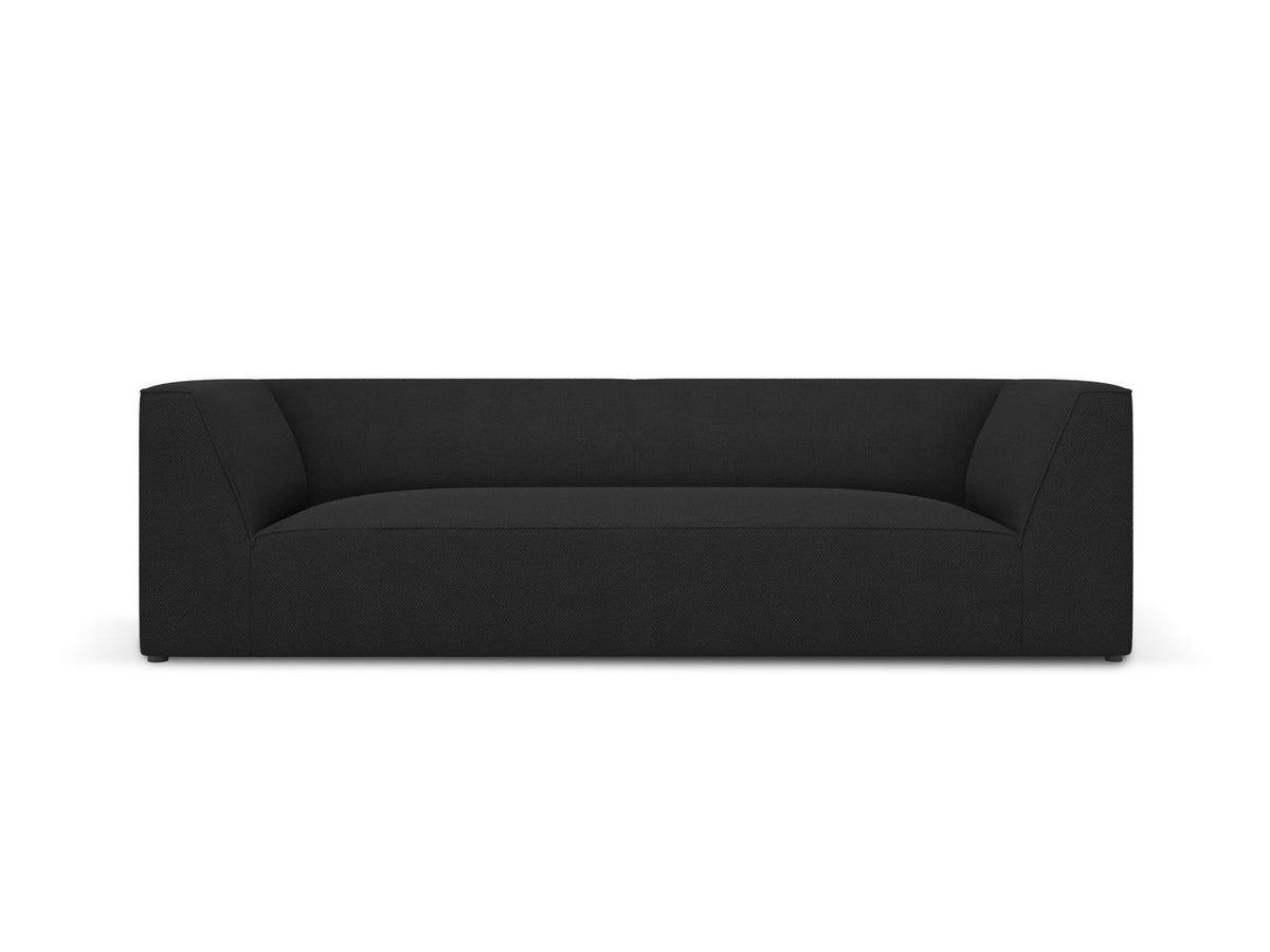 Gelbes 3-Sitzer Sofa Siena mit Massivholzrahmen, Ottawa-Stoffbezug und schwarzen Kunststoffbeinen aus Polypropylen, Frontalansicht.