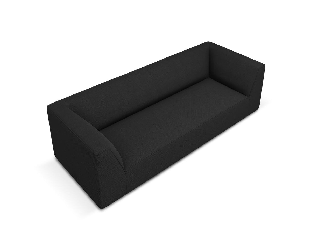 Gelbes 3-Sitzer Sofa Siena mit Massivholzrahmen, Ottawa-Stoffbezug und schwarzen Kunststoffbeinen aus Polypropylen, Frontalansicht.