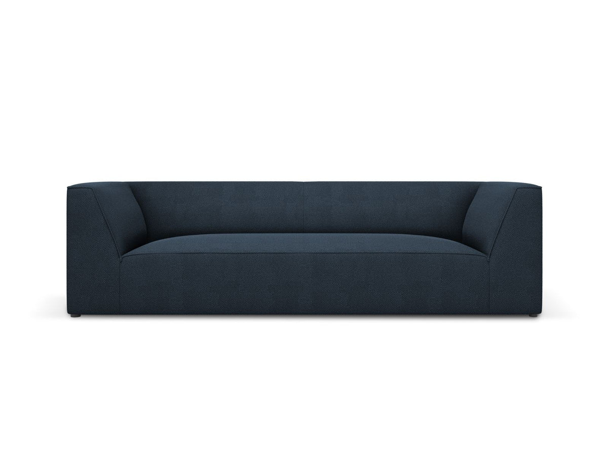 Gelbes 3-Sitzer Sofa Siena mit Massivholzrahmen, Ottawa-Stoffbezug und schwarzen Kunststoffbeinen aus Polypropylen, Frontalansicht.