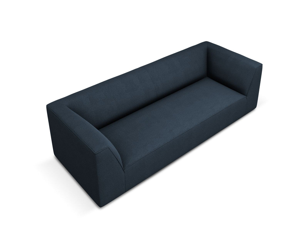 Gelbes 3-Sitzer Sofa Siena mit Massivholzrahmen, Ottawa-Stoffbezug und schwarzen Kunststoffbeinen aus Polypropylen, Frontalansicht.