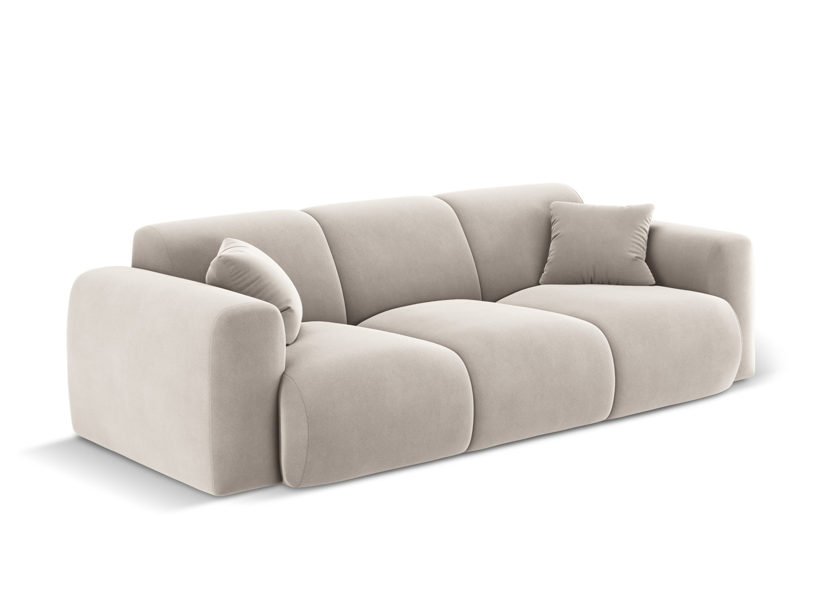Stilvolles 3-Sitzer Velour Sofa in sanftem Beige, perfekt für moderne Wohnkonzepte. Hochwertige Verarbeitung von Cosmopolitan Design.