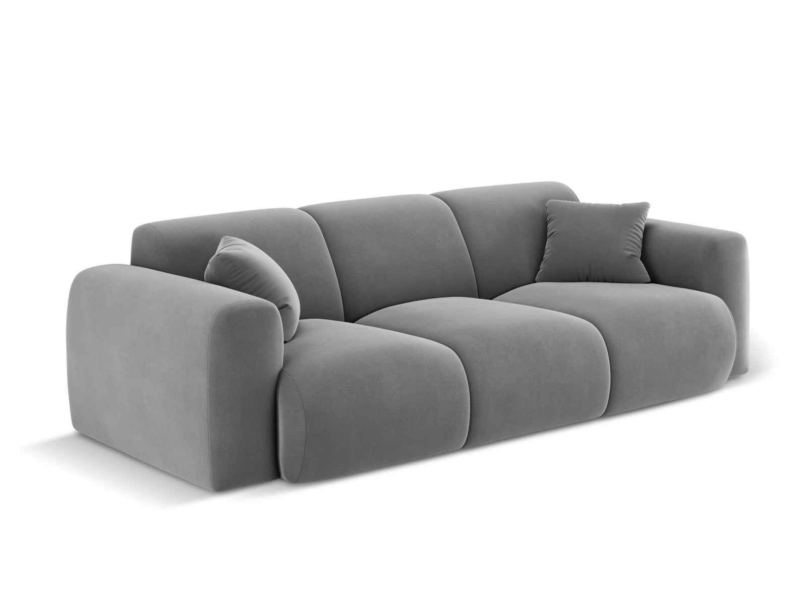 Stilvolles 3-Sitzer Velour Sofa in sanftem Grau, perfekt für moderne Wohnkonzepte und gemütliche Entspannung.