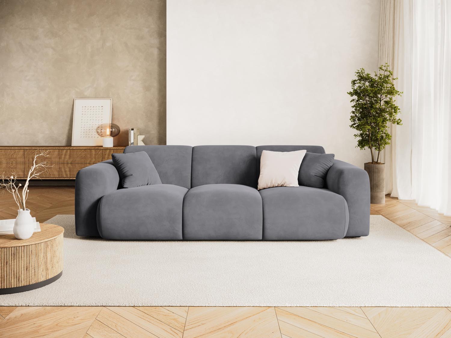 Elegantes Nolio Velour Sofa in Dunkelgrau, 3-Sitzer mit modernem Design, ideal für stilvolle Wohnräume.