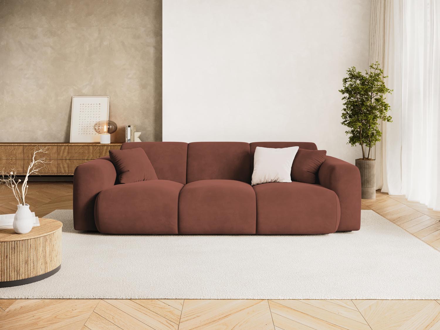 Elegantes Nolio Velour Sofa in Cuoio-Casino, 3-Sitzer mit modernem Design, ideal für stilvolle Wohnräume.