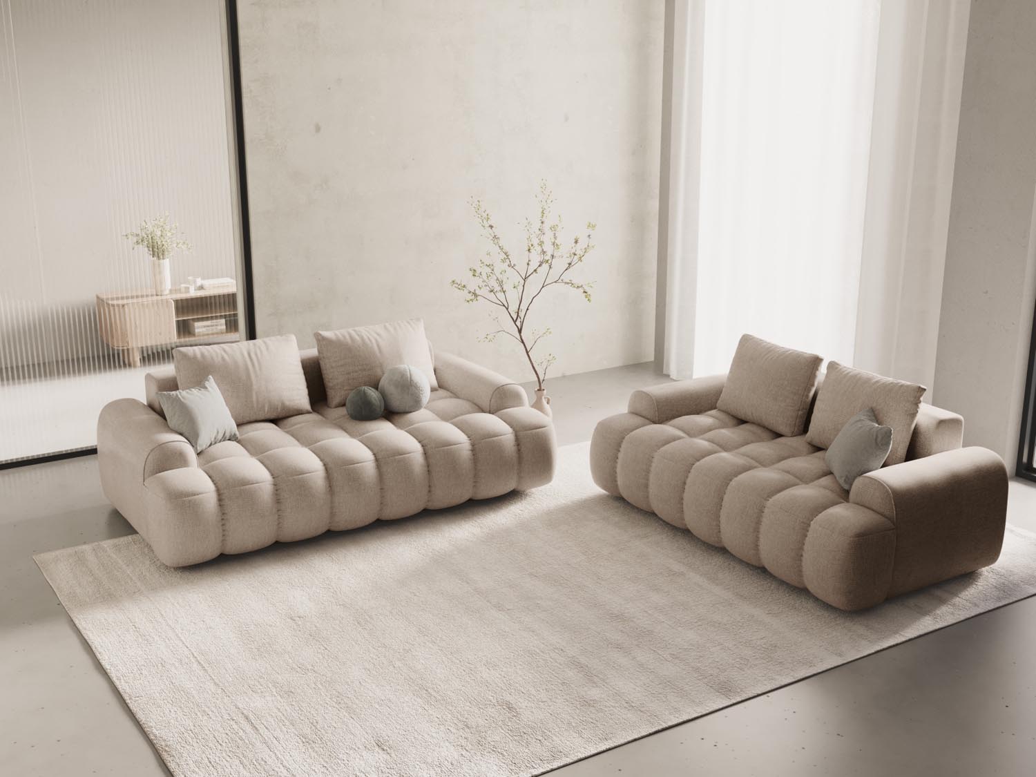 Elegantes Linz 3-Sitzer Sofa in Sand-Sorella, ideal für stilvolle Wohnräume, präsentiert von Cosmopolitan Design.