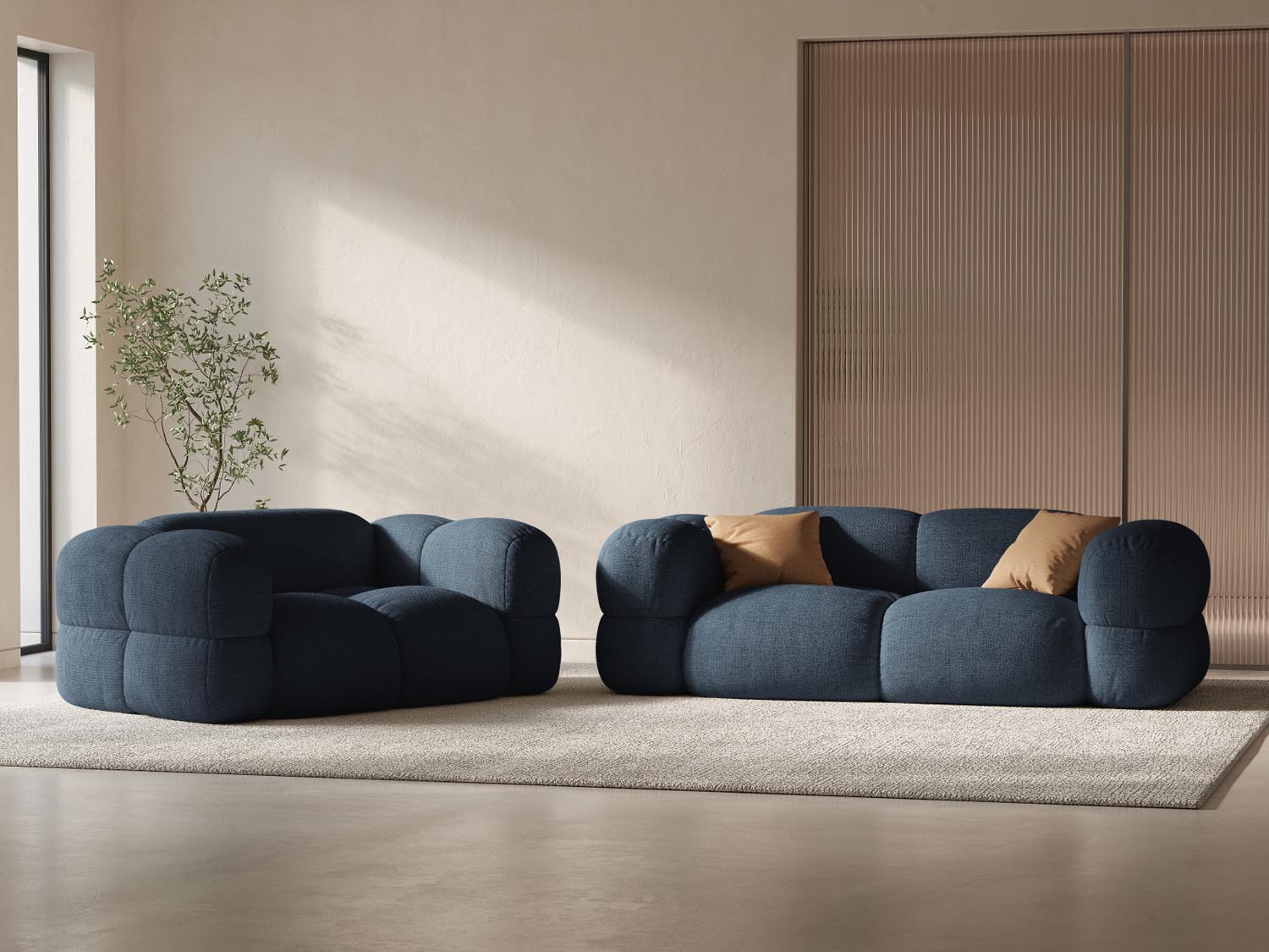 Elegantes Loretto 3-Sitzer Sofa in Dunkelblau, stilvoll und modern, ideal für jedes Wohnzimmer, präsentiert von Cosmopolitan Design.