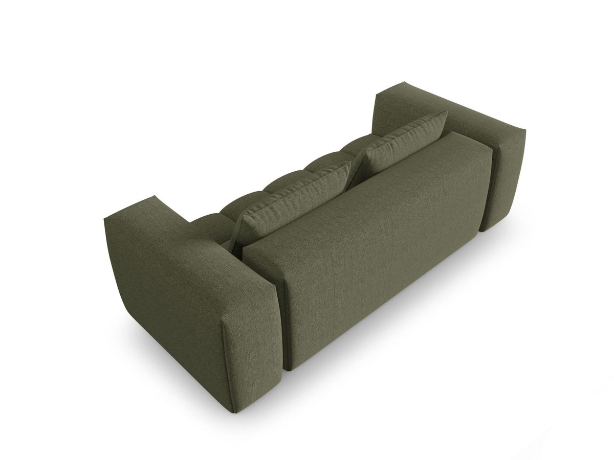 Modulares 3-Sitzer Sofa Verona in Beige mit Sorella-Stoffbezug, schwarzen Kunststoffbeinen und massivem Holzrahmen, Ansicht von vorne.