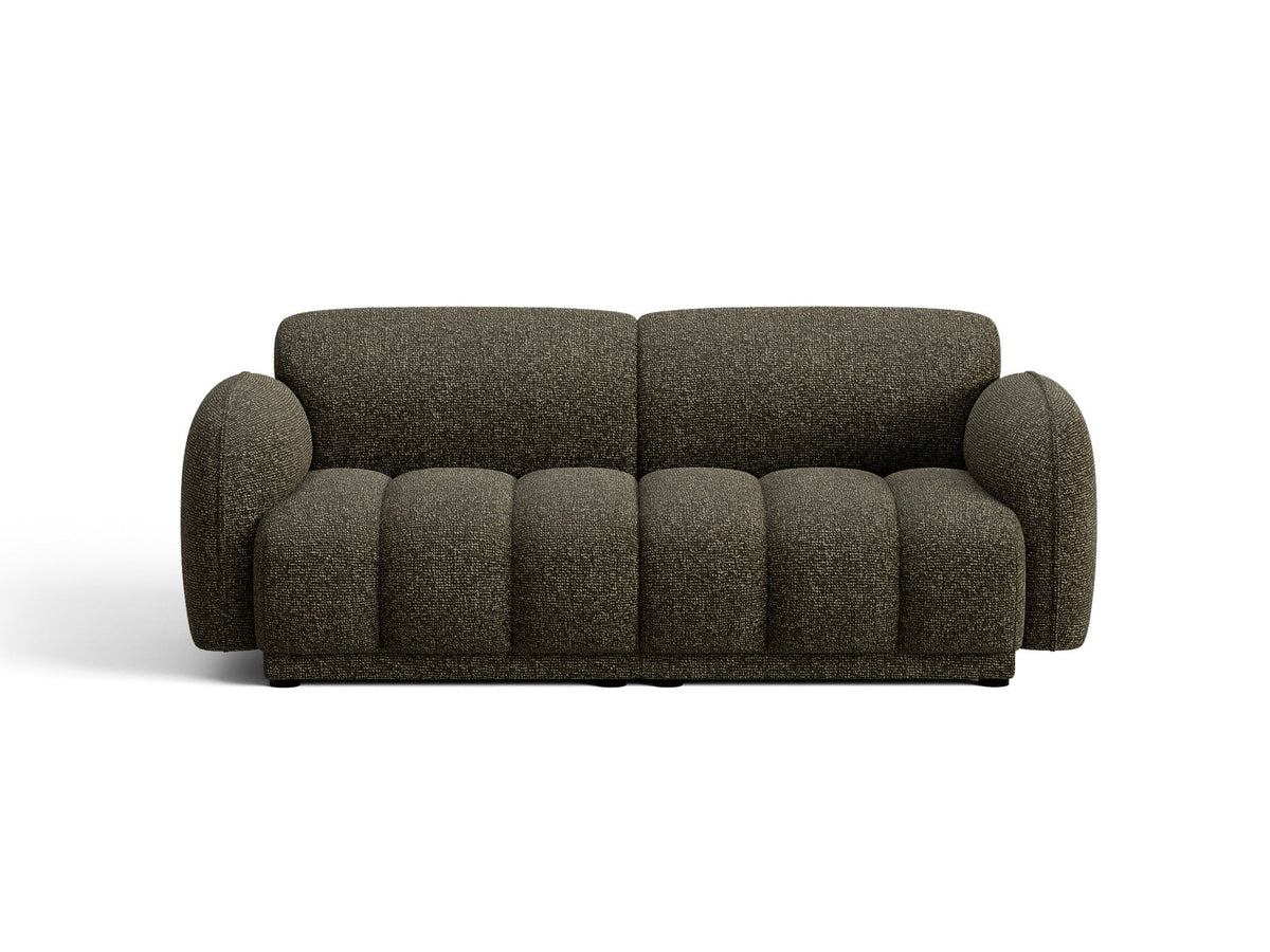 Beige-meliertes 3-Sitzer Sofa Bilbao aus Bouclé-Stoff mit Massivholzrahmen und schwarzen Kunststoffbeinen, Cosmopolitan Design.