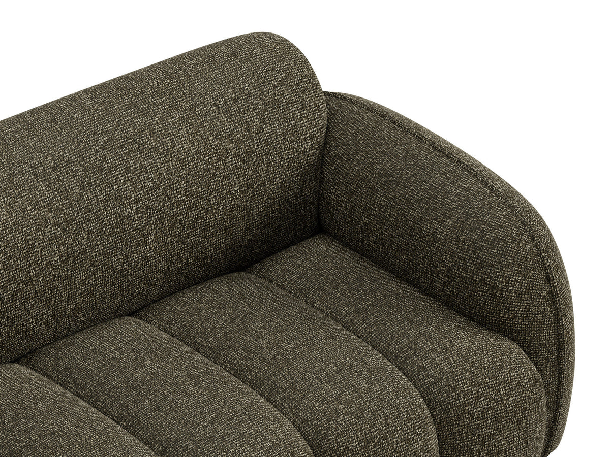 Beige-meliertes 3-Sitzer Sofa Bilbao aus Bouclé-Stoff mit Massivholzrahmen und schwarzen Kunststoffbeinen, Cosmopolitan Design.