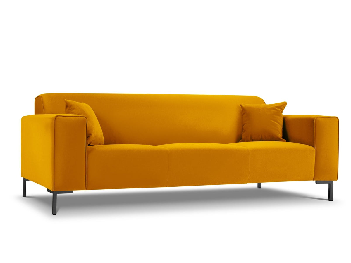 Dreisitzer-Sofa mit schwarzem Samtbezug (Salvador), Massivholzrahmen und schwarzen Kunststoffbeinen, Breite 232 cm.