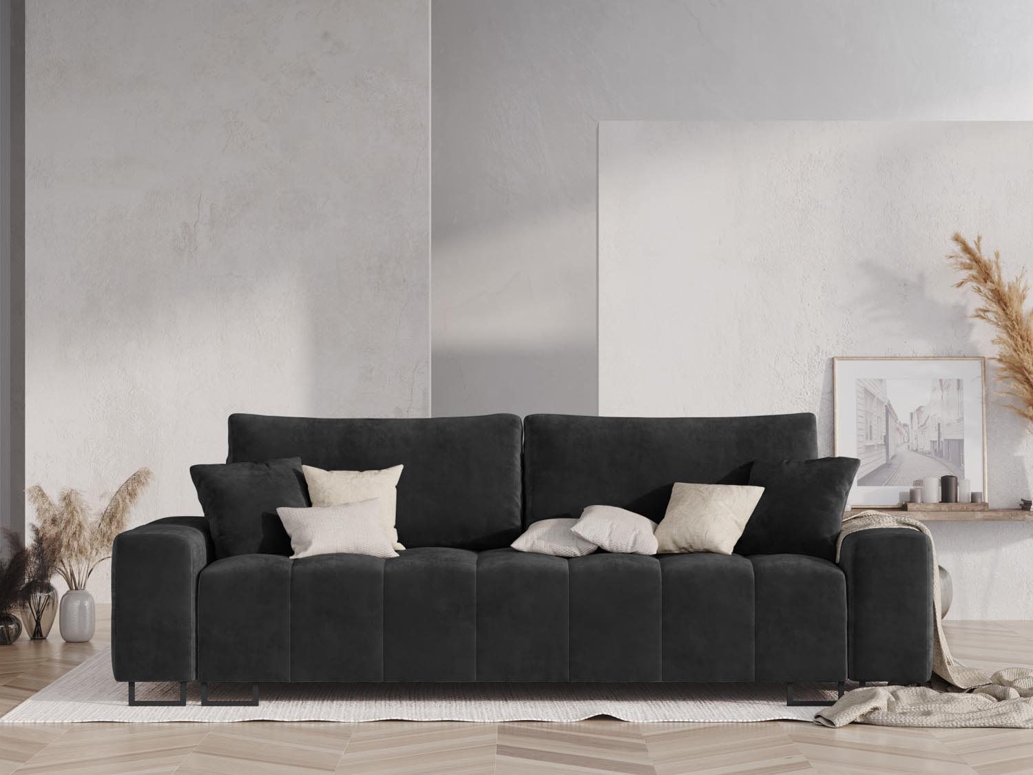 Wicklow Velour Sofa mit Schlaffunktion und Stauraum 3 Sitzer in Dark Grey präsentiert im Onlineshop von KAQTU Design AG. Bettsofa ist von Cosmopolitan Design
