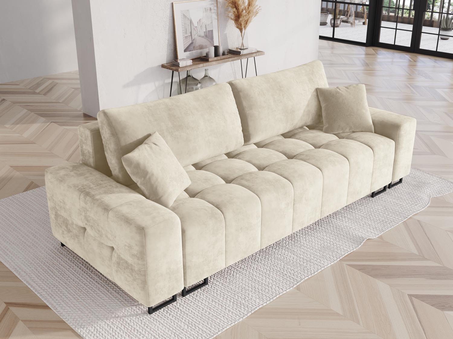 Wicklow Velour Sofa mit Schlaffunktion und Stauraum 3 Sitzer in Beige präsentiert im Onlineshop von KAQTU Design AG. Bettsofa ist von Cosmopolitan Design