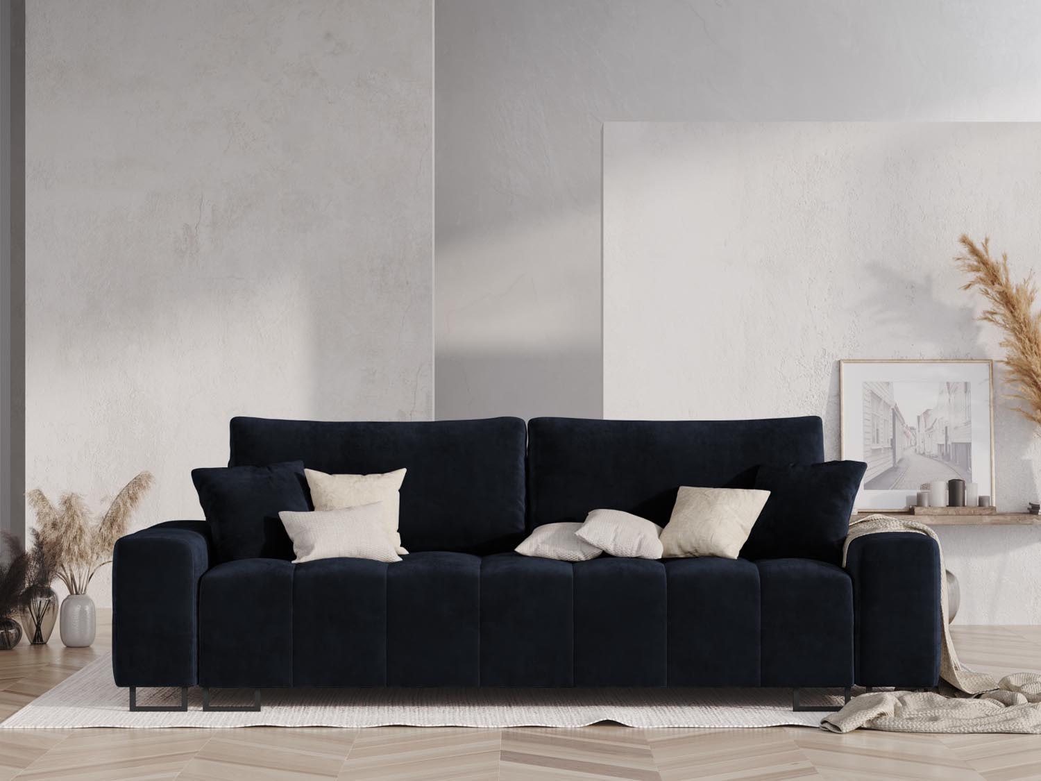 Wicklow Velour Sofa mit Schlaffunktion und Stauraum 3 Sitzer in Dark Blue präsentiert im Onlineshop von KAQTU Design AG. Bettsofa ist von Cosmopolitan Design