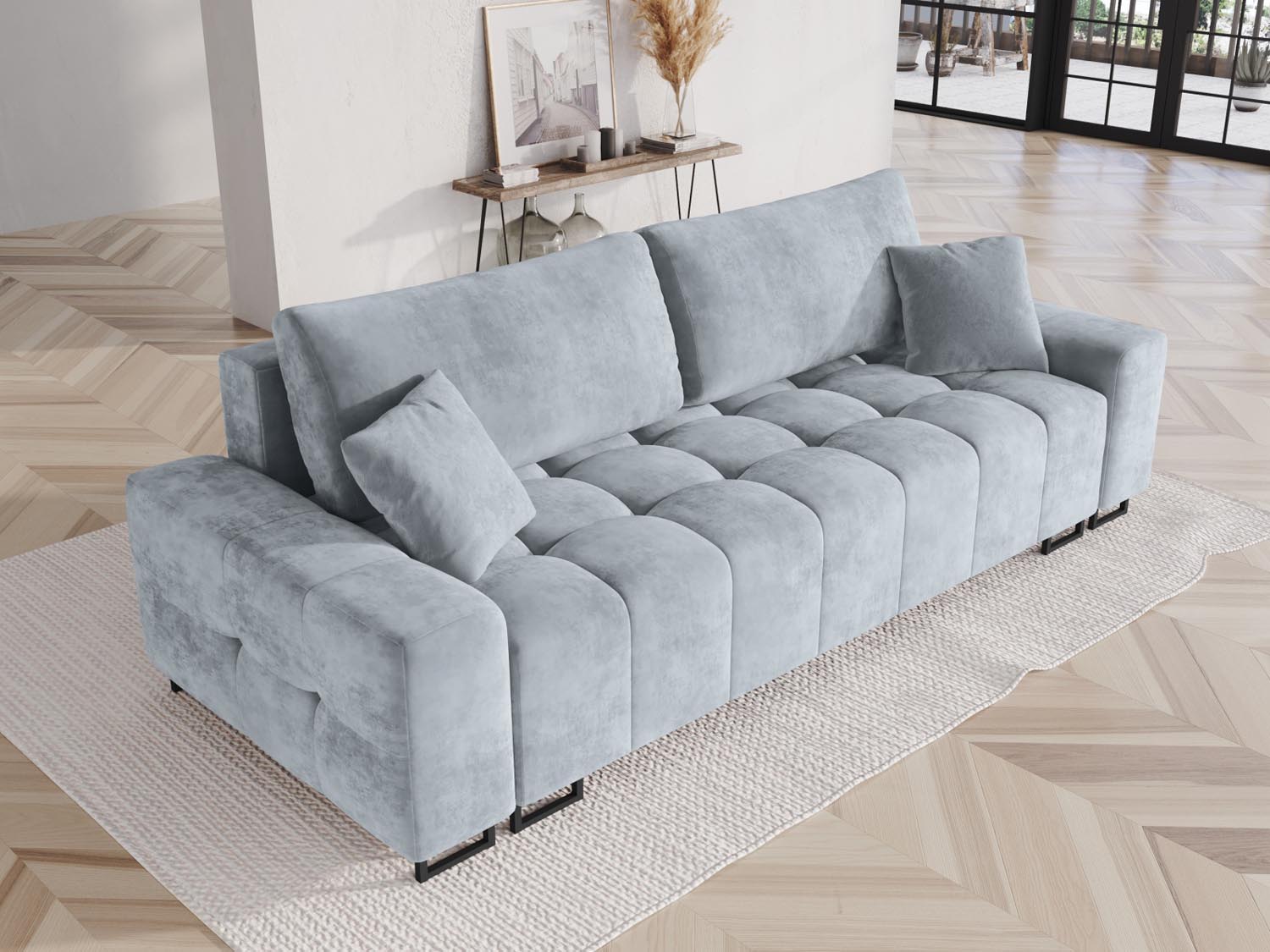 Wicklow Velour Sofa mit Schlaffunktion und Stauraum 3 Sitzer in Light Blue präsentiert im Onlineshop von KAQTU Design AG. Bettsofa ist von Cosmopolitan Design