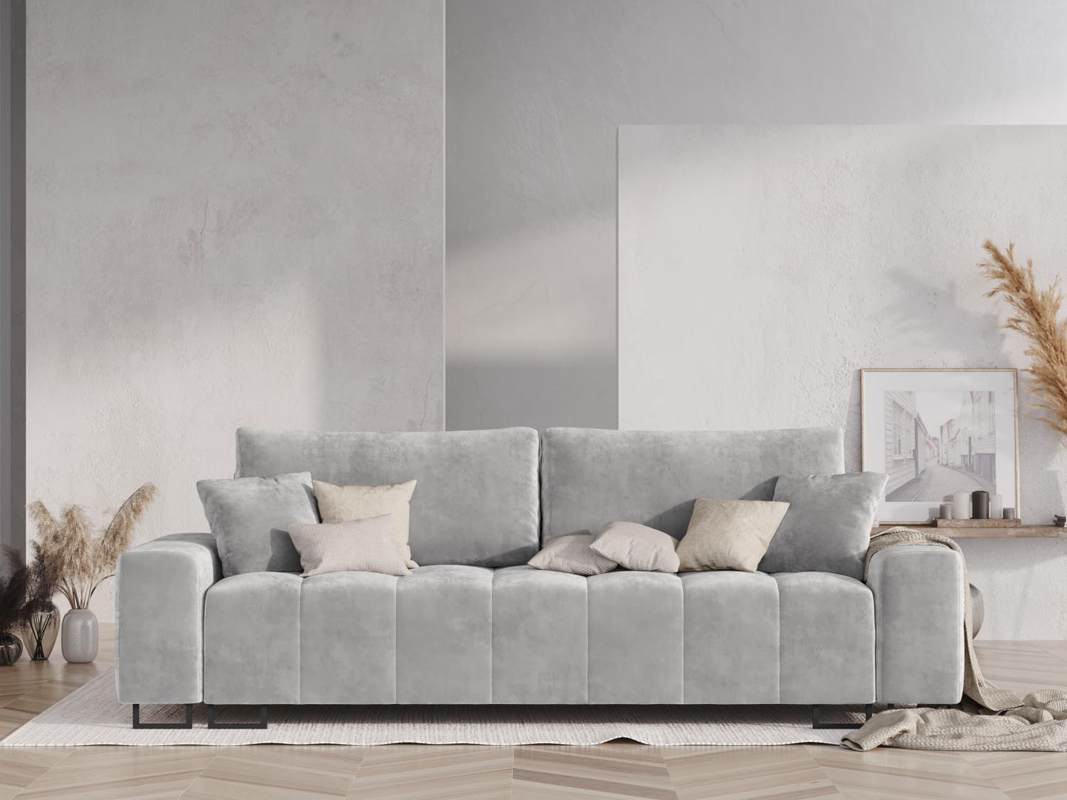 Wicklow Velour Sofa mit Schlaffunktion und Stauraum 3 Sitzer in Light Grey präsentiert im Onlineshop von KAQTU Design AG. Bettsofa ist von Cosmopolitan Design