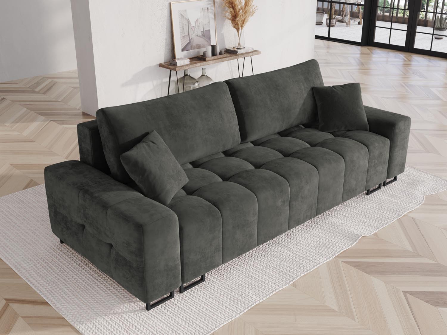 Wicklow Velour Sofa mit Schlaffunktion und Stauraum 3 Sitzer in Grey präsentiert im Onlineshop von KAQTU Design AG. Bettsofa ist von Cosmopolitan Design