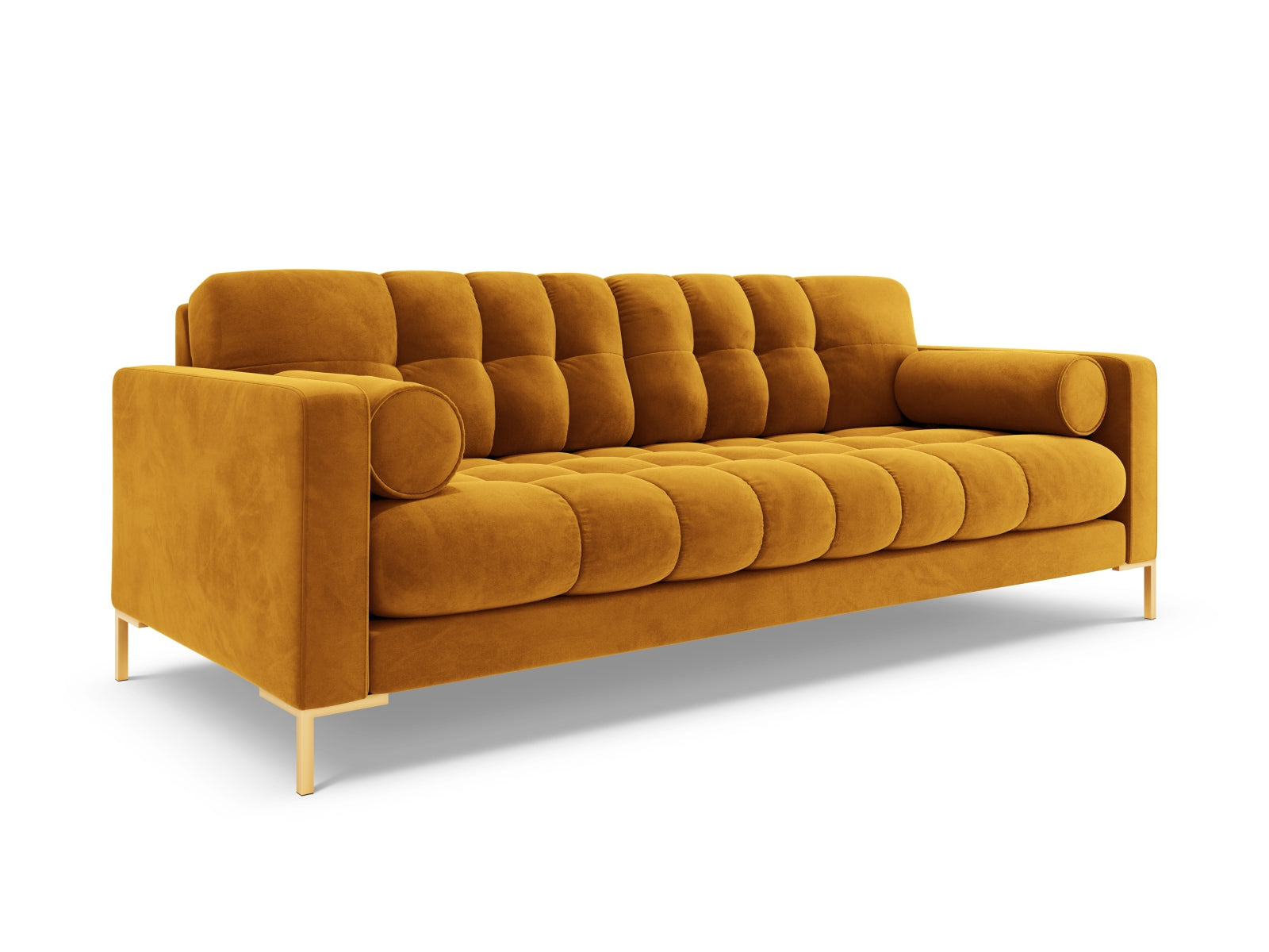 Elegantes 3-Sitzer Sofa Bali in strahlendem Gelb-Bluvel, ideal für einladende Wohnräume und entspannte Zusammenkünfte.