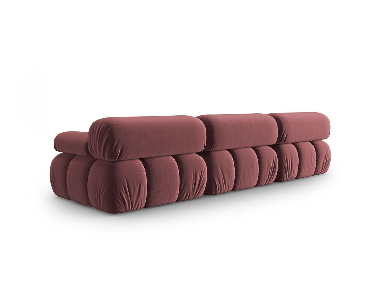 Modulares 3-Sitzer Sofa Cortina in Pink-Bluvel Samtstoff mit schwarzen Kunststoffbeinen, Massivholzrahmen, Sitzfläche 230 cm breit.