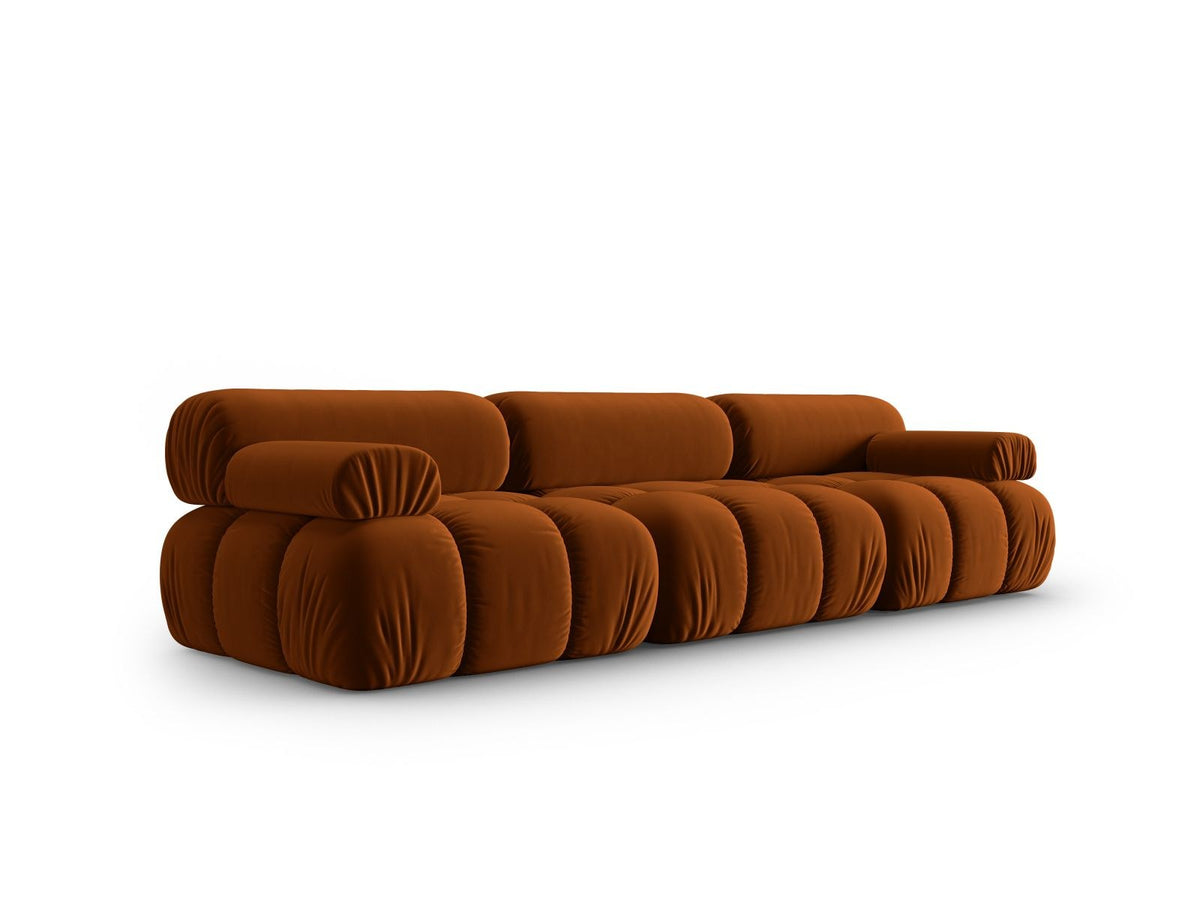 Modulares 3-Sitzer Sofa Cortina in Pink-Bluvel Samtstoff mit schwarzen Kunststoffbeinen, Massivholzrahmen, Sitzfläche 230 cm breit.
