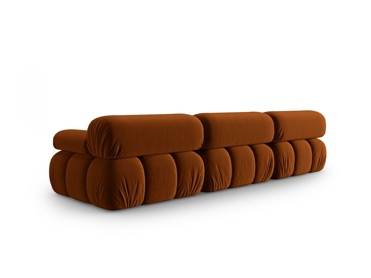 Modulares 3-Sitzer Sofa Cortina in Pink-Bluvel Samtstoff mit schwarzen Kunststoffbeinen, Massivholzrahmen, Sitzfläche 230 cm breit.