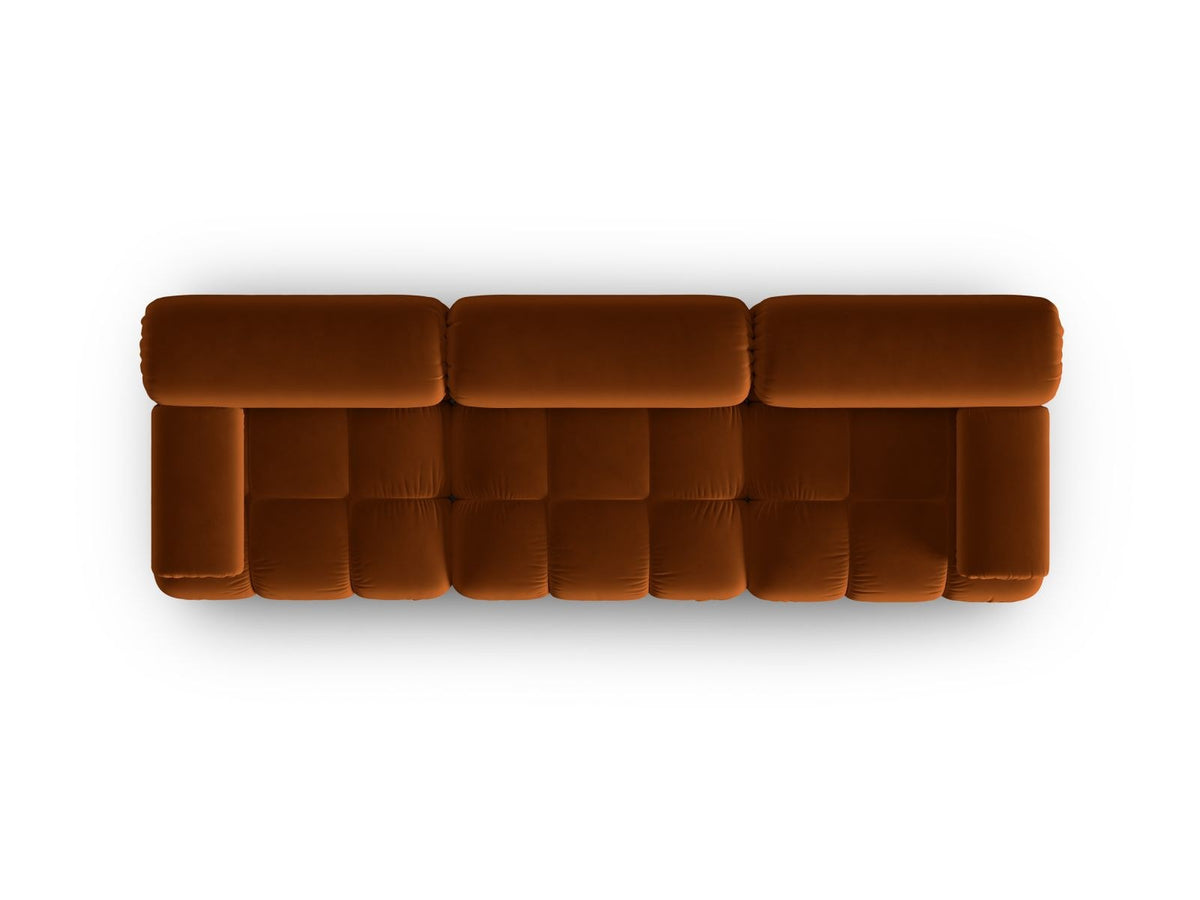 Modulares 3-Sitzer Sofa Cortina in Pink-Bluvel Samtstoff mit schwarzen Kunststoffbeinen, Massivholzrahmen, Sitzfläche 230 cm breit.