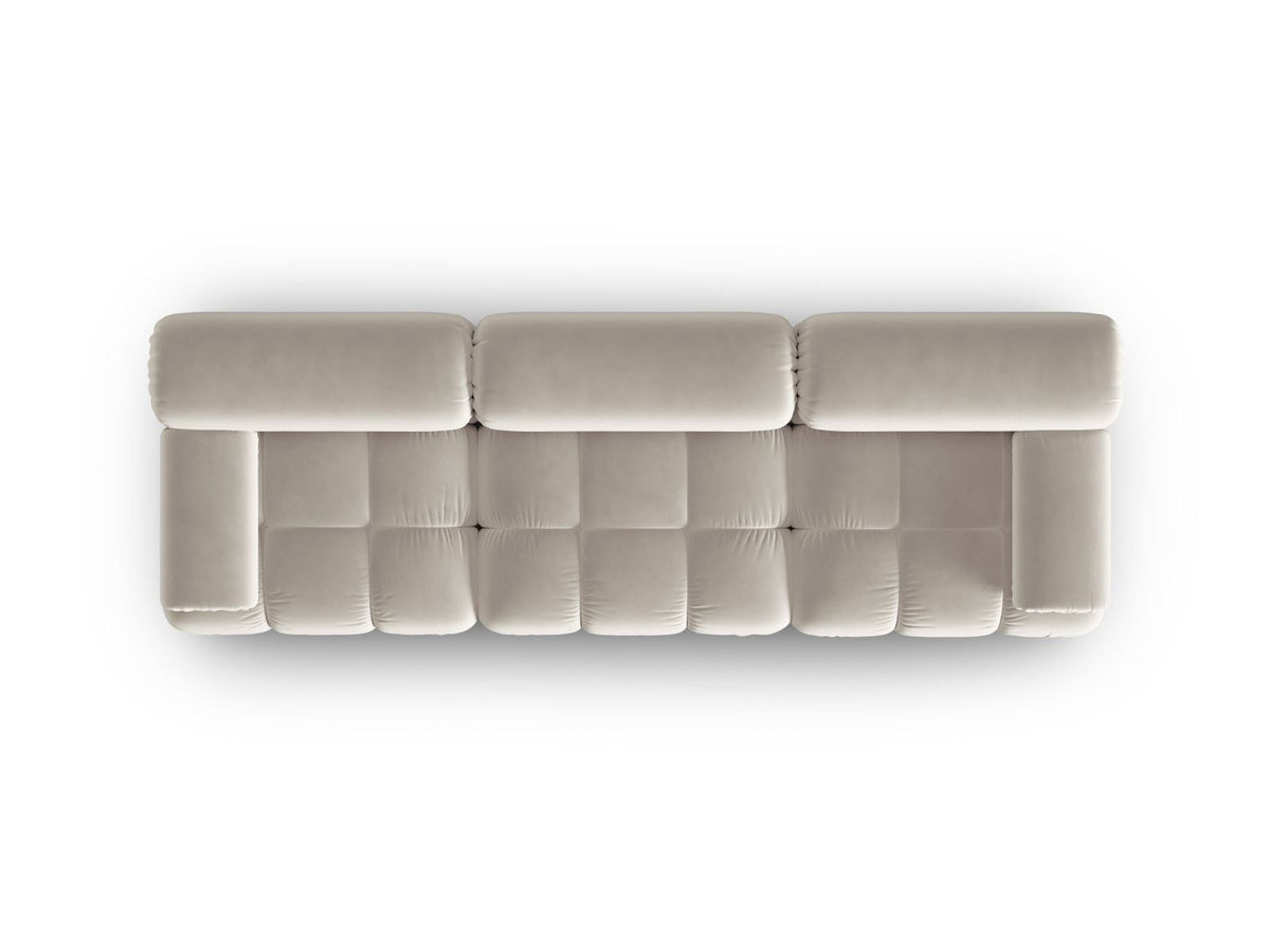 Modulares 3-Sitzer Sofa Cortina in Pink-Bluvel Samtstoff mit schwarzen Kunststoffbeinen, Massivholzrahmen, Sitzfläche 230 cm breit.
