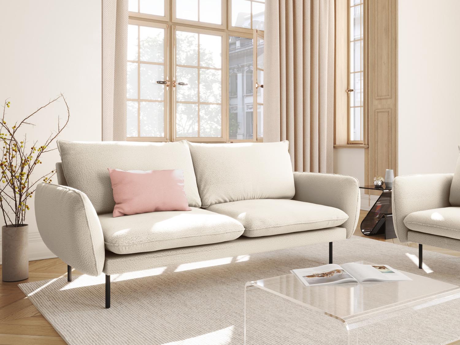 Elegantes 3-Sitzer Sofa "Vienna" in Boucle-Optik, ideal für stilvolle Wohnräume, präsentiert in Beige und Schwarz.