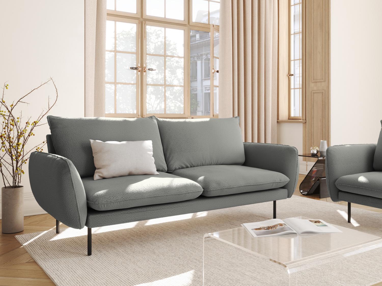 Elegantes 3-Sitzer Sofa "Vienna" in Boucle-Optik, 92 cm, in stilvollem Grau/Schwarz, ideal für moderne Wohnräume.