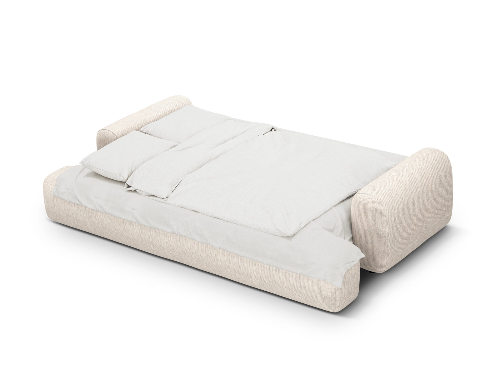 Elegantes 4-Sitzer Sofa Calma in hellem Beige, ideal für Wohnräume, bietet Schlafgelegenheit und praktischen Stauraum.
