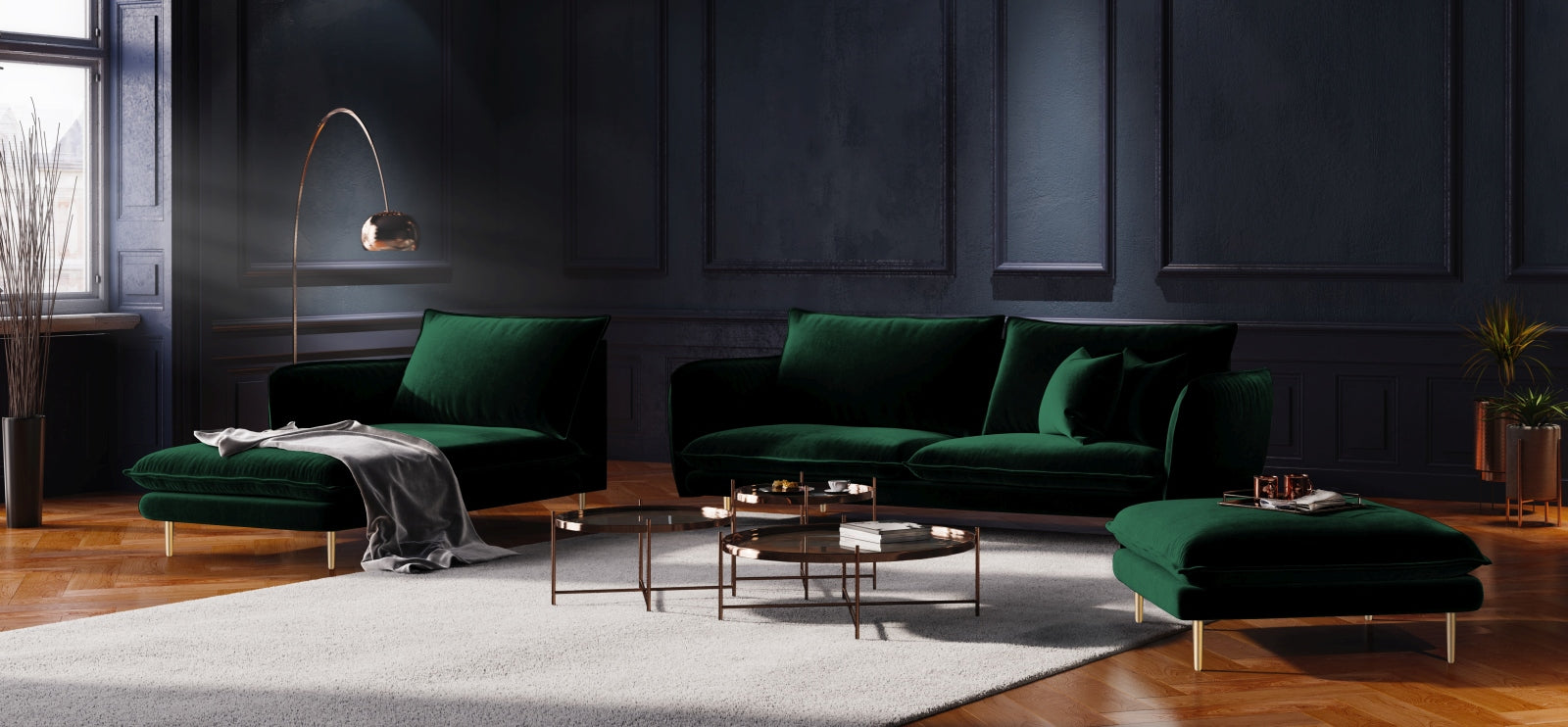 Vienna Velour Sofa 4 Sitzer 92cm in Bottle Green/Gold präsentiert im Onlineshop von KAQTU Design AG. 4er Sofa ist von Cosmopolitan Design