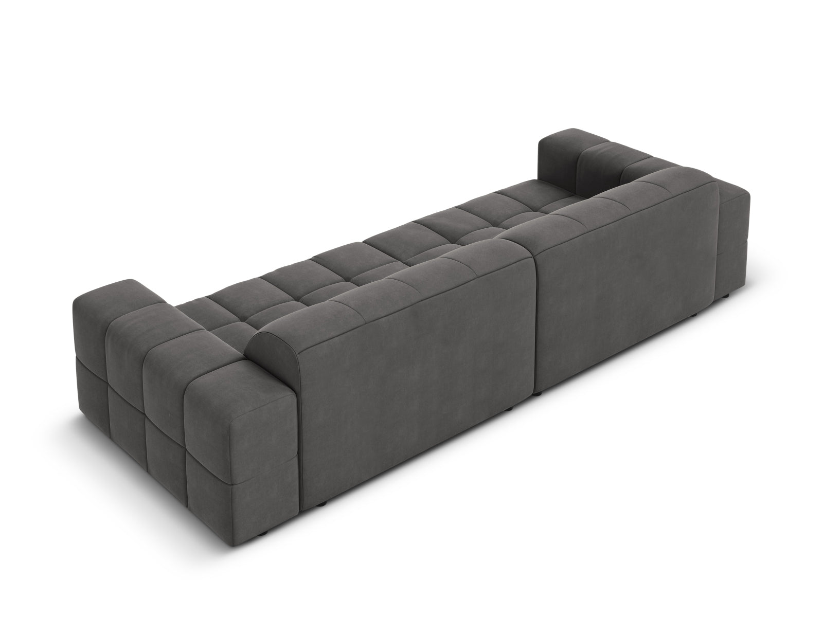 Elegantes 4-Sitzer Sofa aus weichem Velours in Grau-Blau, ideal für stilvolle Wohnräume und entspannte Stunden mit Freunden.
