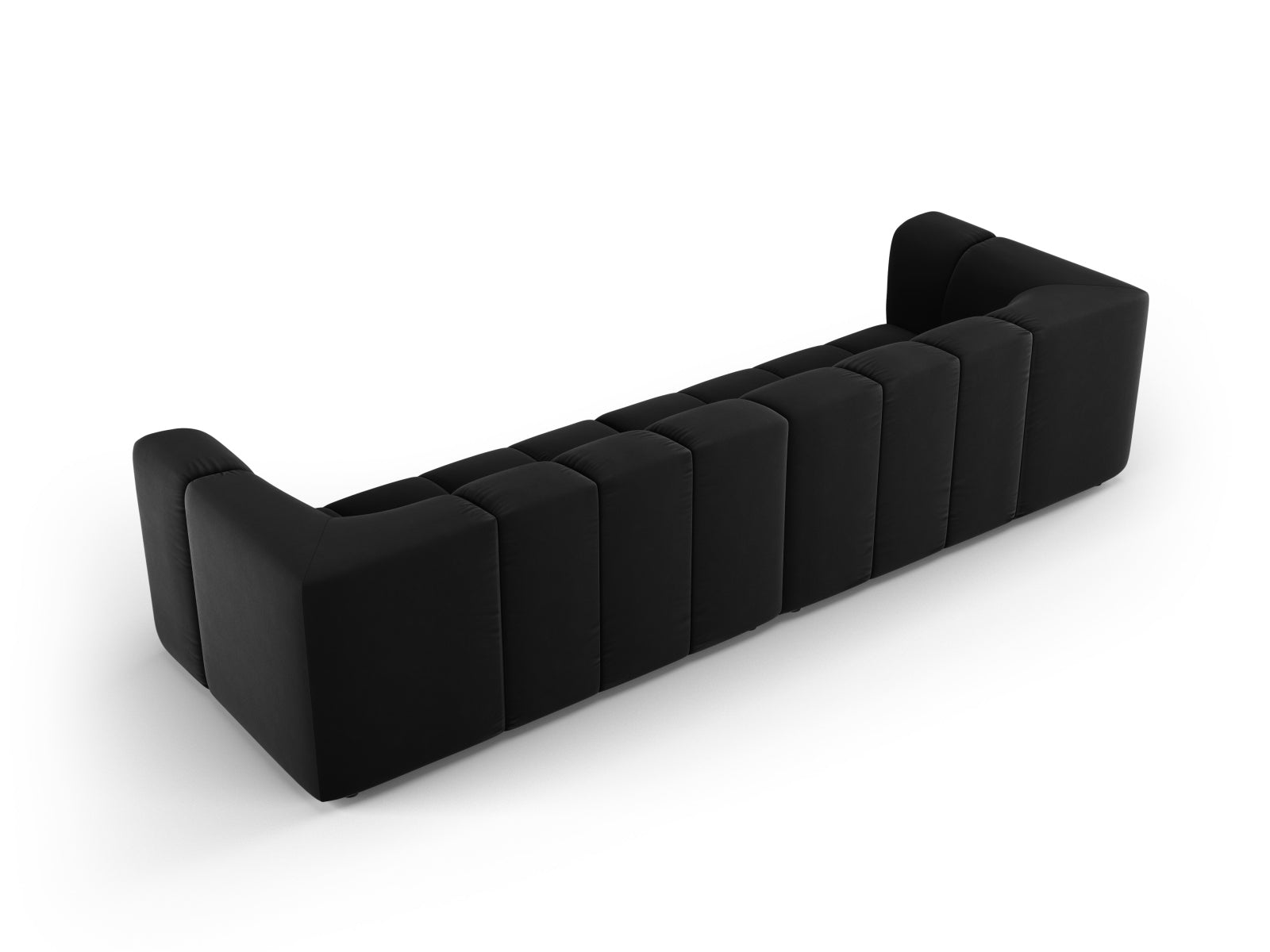 Modulares 4-Sitzer Sofa Moritz in edlem Black-Bluvel, perfekt für zeitgemäße Einrichtungskonzepte und gemütliche Wohnzimmer.