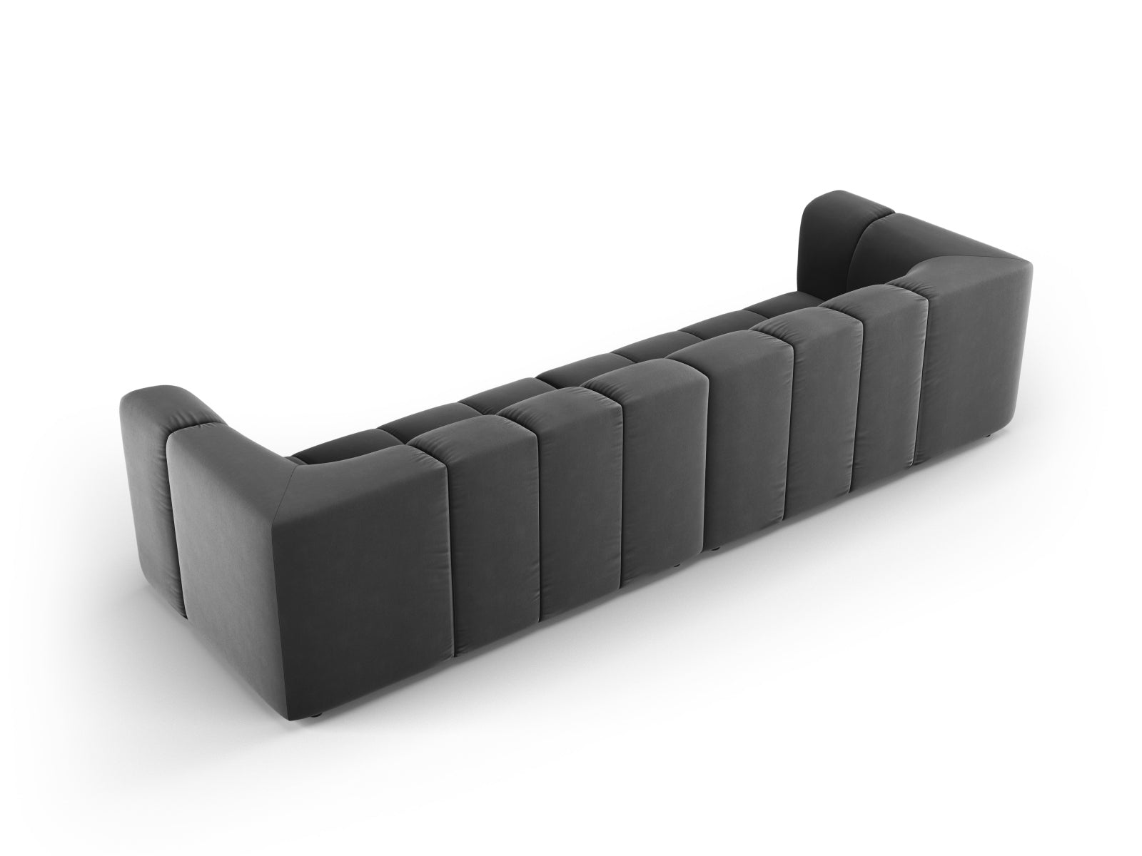 Modulares 4-Sitzer Sofa Moritz in hochwertigem Grey-Bluvel, perfekt für stilvolle Wohnzimmer und entspannte Abende.