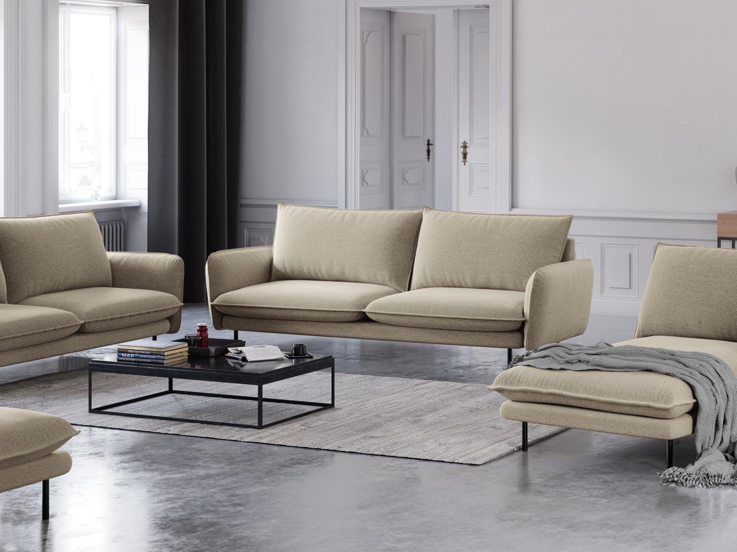 Elegantes 4-Sitzer Sofa "Vienna" in Beige und Schwarz, ideal für stilvolle Wohnräume, präsentiert von Cosmopolitan Design.