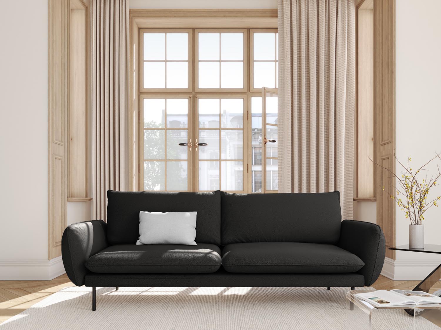 Elegantes Vienna Boucle Sofa für 4 Personen in Schwarz, ideal für stilvolle Wohnräume. Hochwertiges Design von Cosmopolitan.