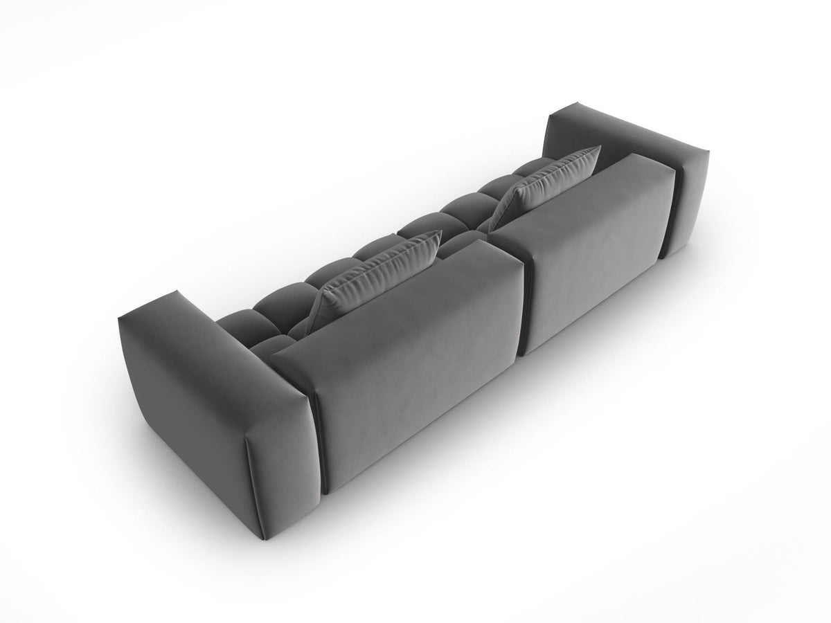 Modulares Sofa Verona in Samtstoff Sand-Casino mit schwarzen Kunststoffbeinen, 5 Sitzplätze, Massivholzrahmen, Frontalansicht