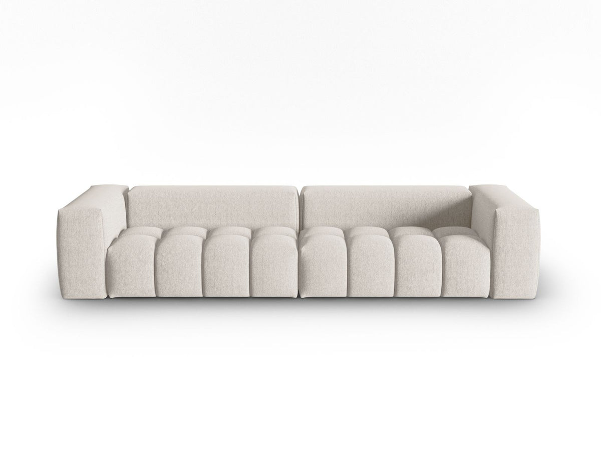 Beiges Verona Modulares Sofa mit 5 Sitzplätzen, Sorella-Strukturstoff, Massivholzrahmen und schwarzen Kunststoffbeinen im Wohnzimmer.
