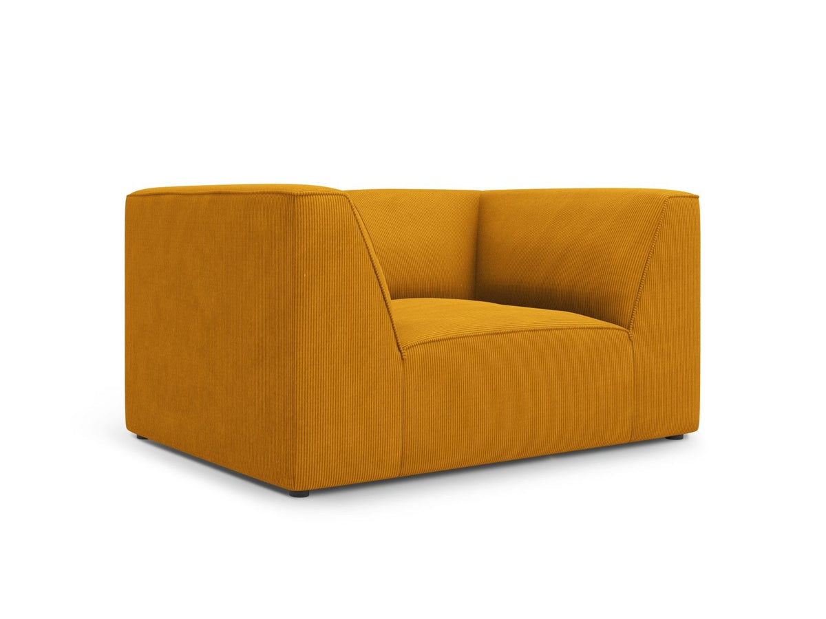 Sessel Siena 1-Sitzer von Cosmopolitan Design mit gelbem Ottawa-Stoffbezug, Massivholzrahmen und schwarzen Kunststoffbeinen aus Polypropylen.