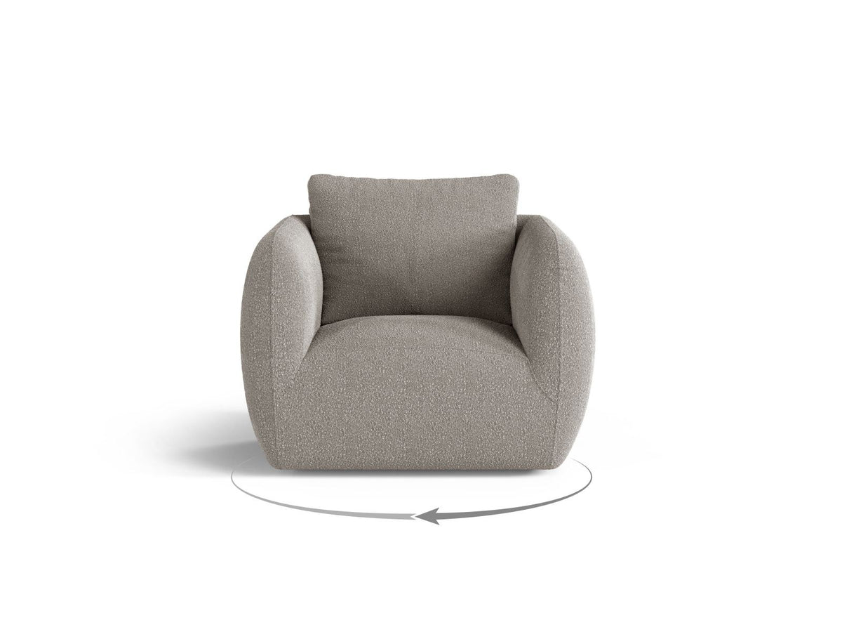 Bouclé-Sessel Nimes in White-Baloo von Cosmopolitan Design mit rundem Kiefernholzgestell und schlanken silberfarbenen Metallbeinen, frontal fotografiert.